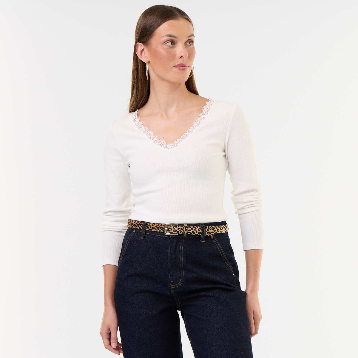 Lace-Trim Ribbed T-Shirt WHITE