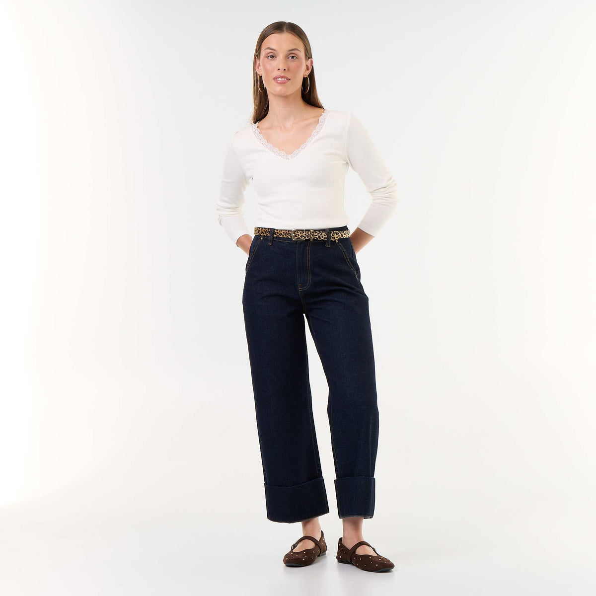 Lace-Trim Ribbed T-Shirt WHITE