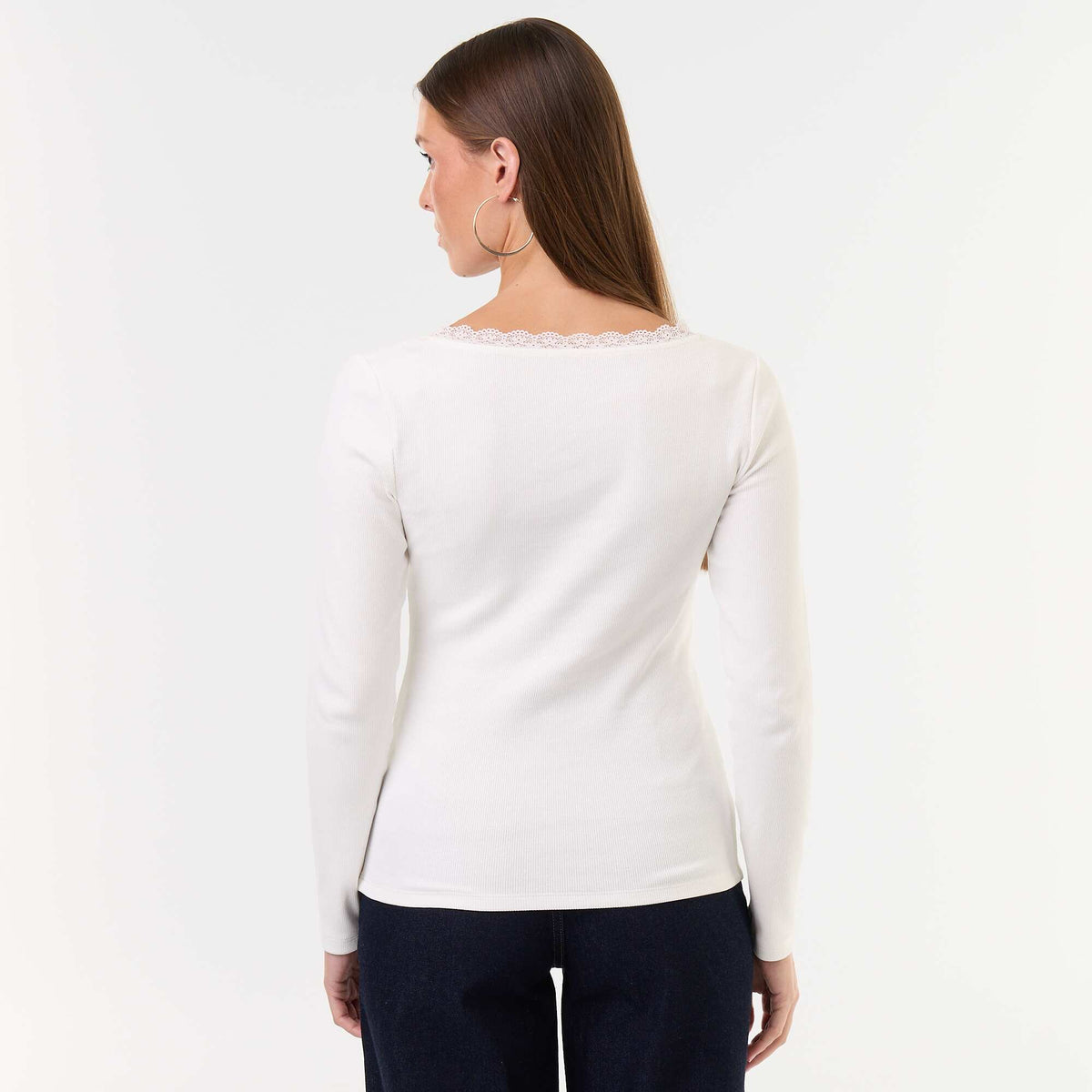 Lace-Trim Ribbed T-Shirt WHITE