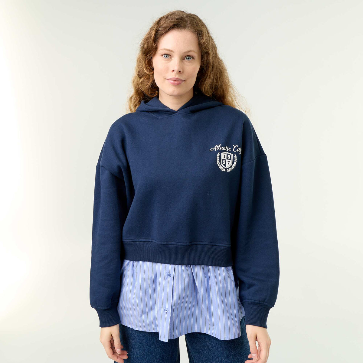 2-in-1 Shirt-Hem Hoodie BLUE