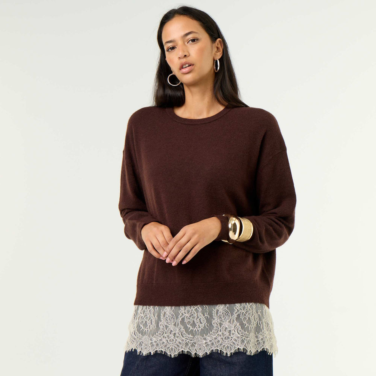 Lace-Inset Sweater BROWN