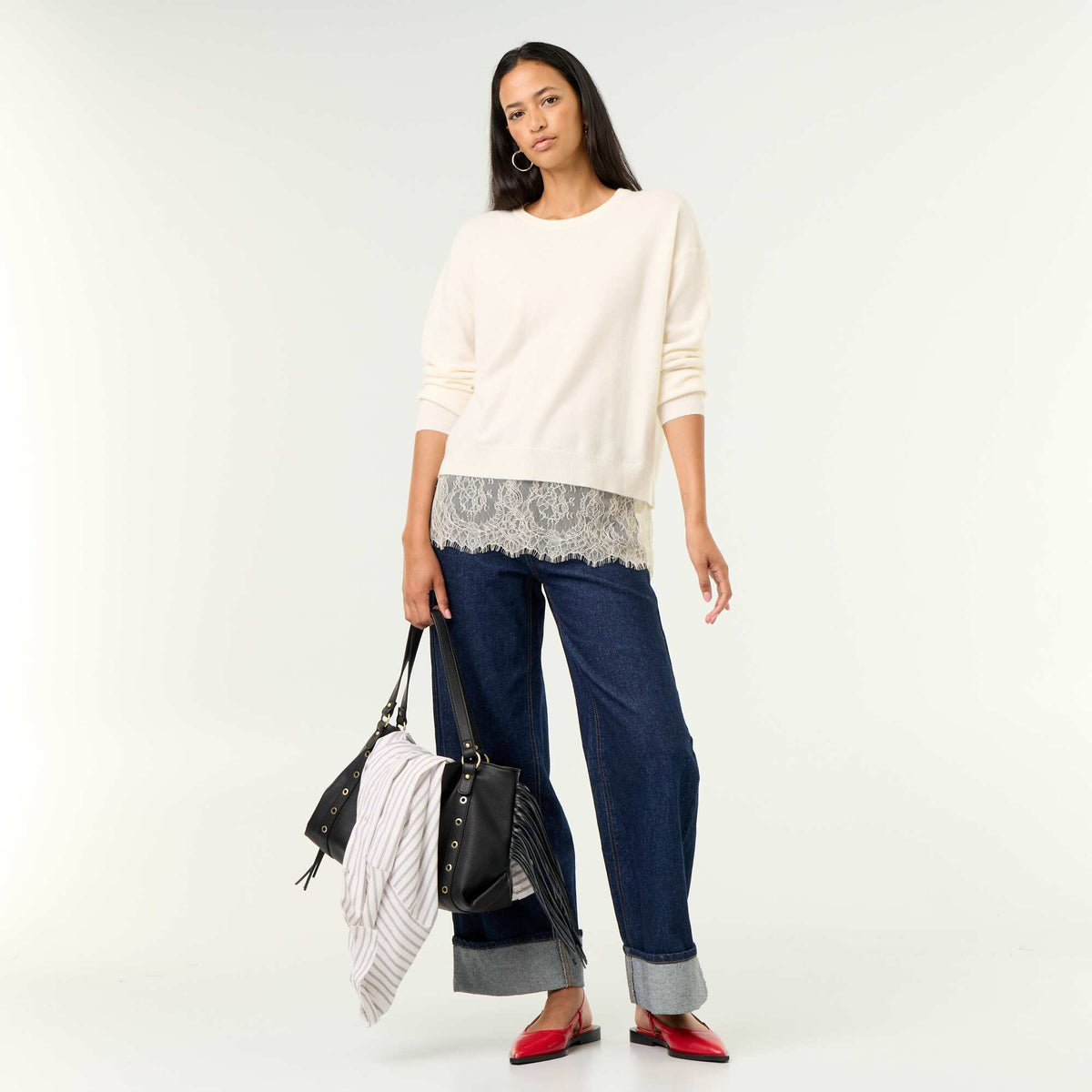 Lace-Inset Sweater WHITE