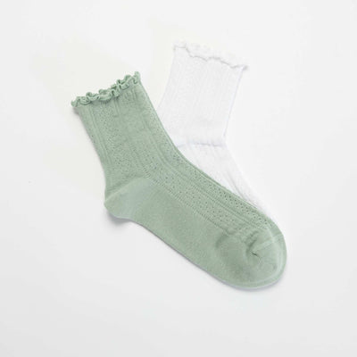 Pack of 2 pointelle knit socks with wavy edges GREEN