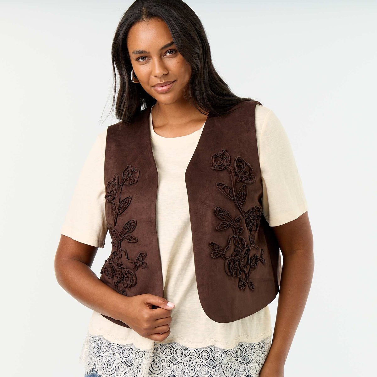 Embroidered Suedette Sleeveless Jacket BROWN