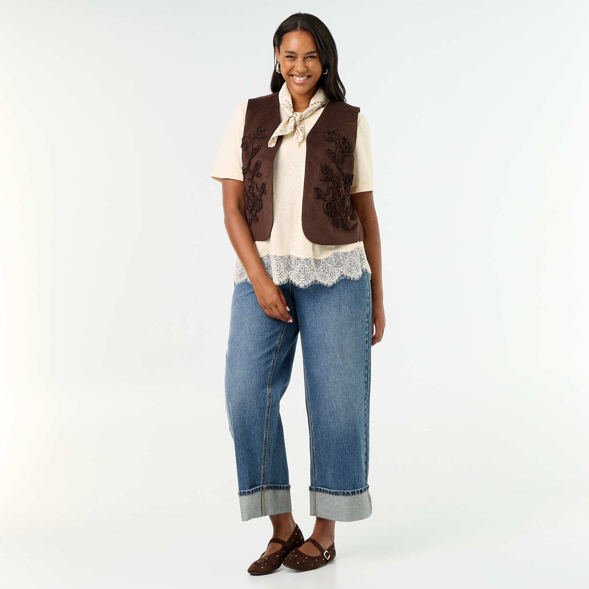 Embroidered Suedette Sleeveless Jacket BROWN