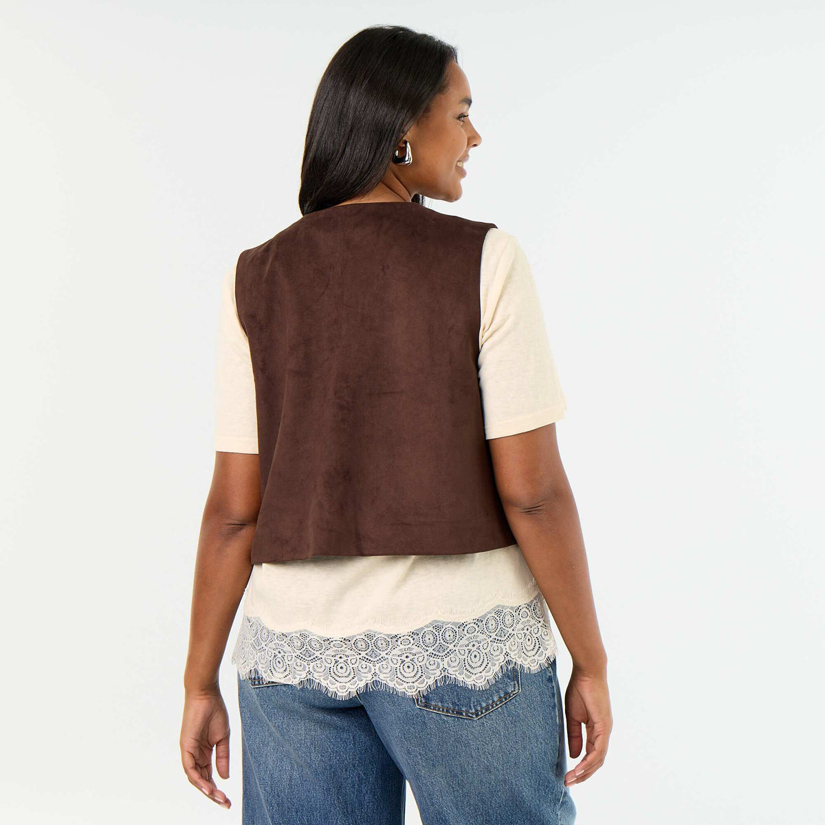 Embroidered Suedette Sleeveless Jacket BROWN