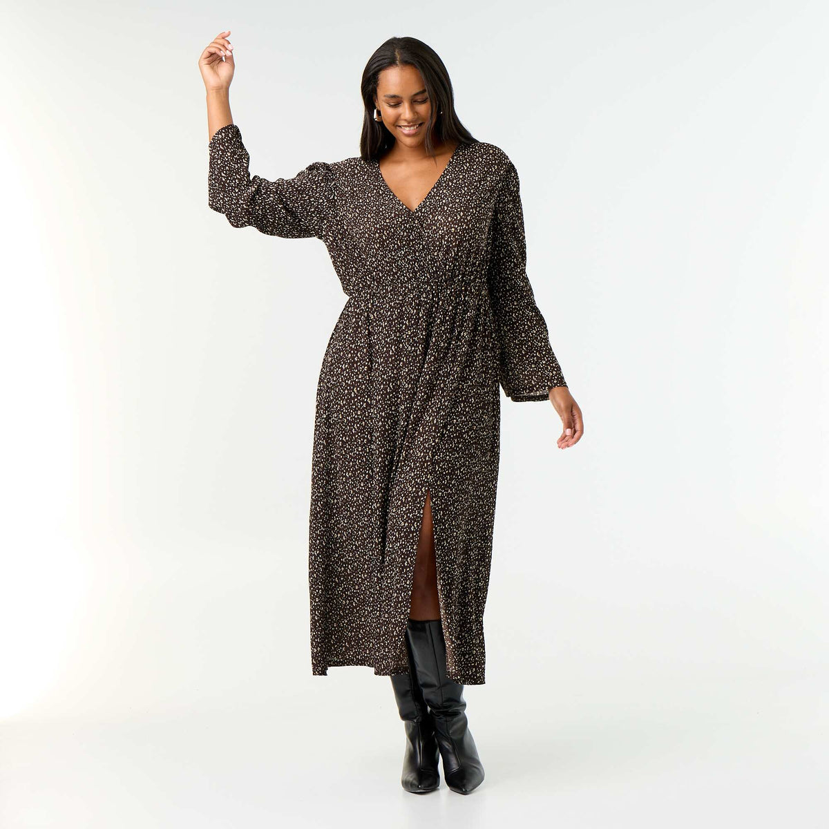 Patterned Long-Sleeve Maxi Dress BROWN