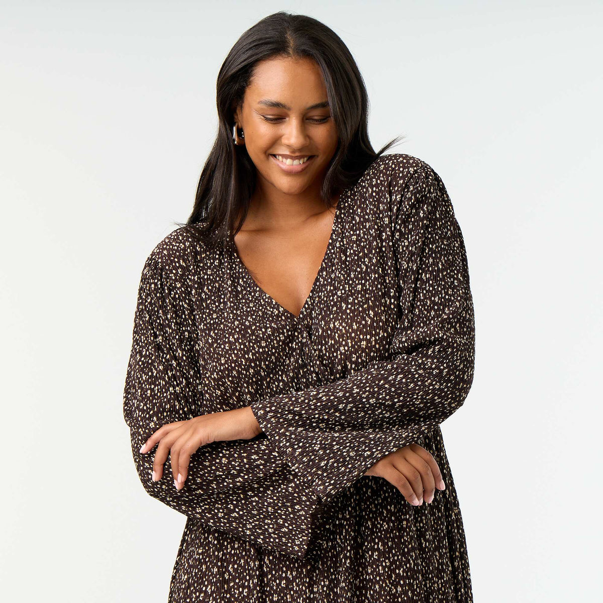 Patterned Long-Sleeve Maxi Dress BROWN