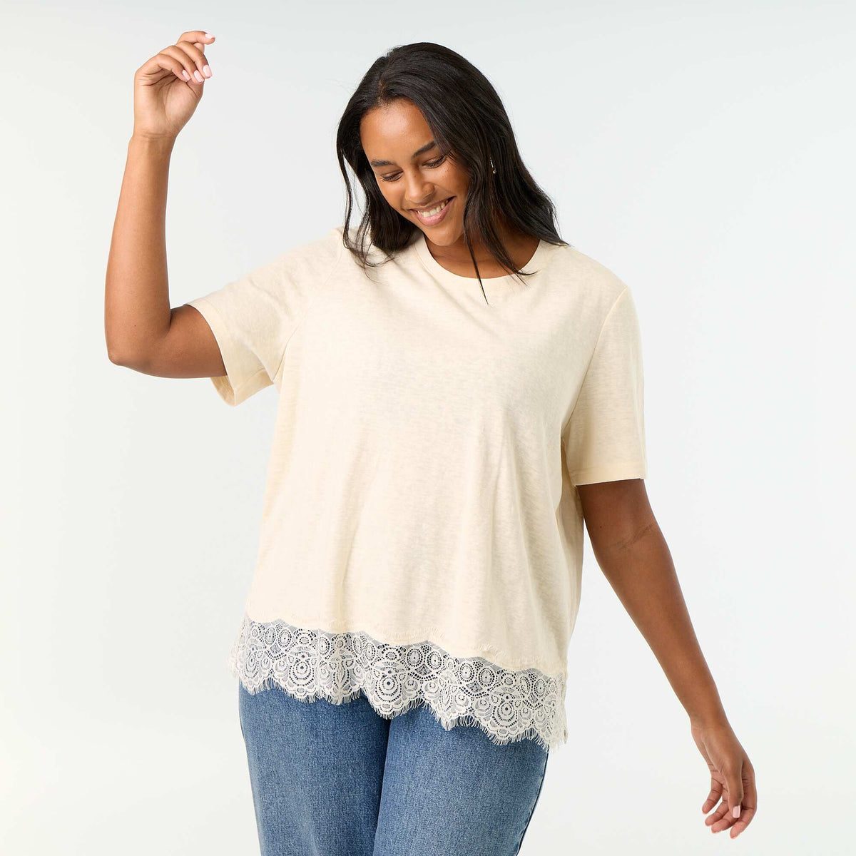 Marled Knit T-shirt with Lace Trim BEIGE