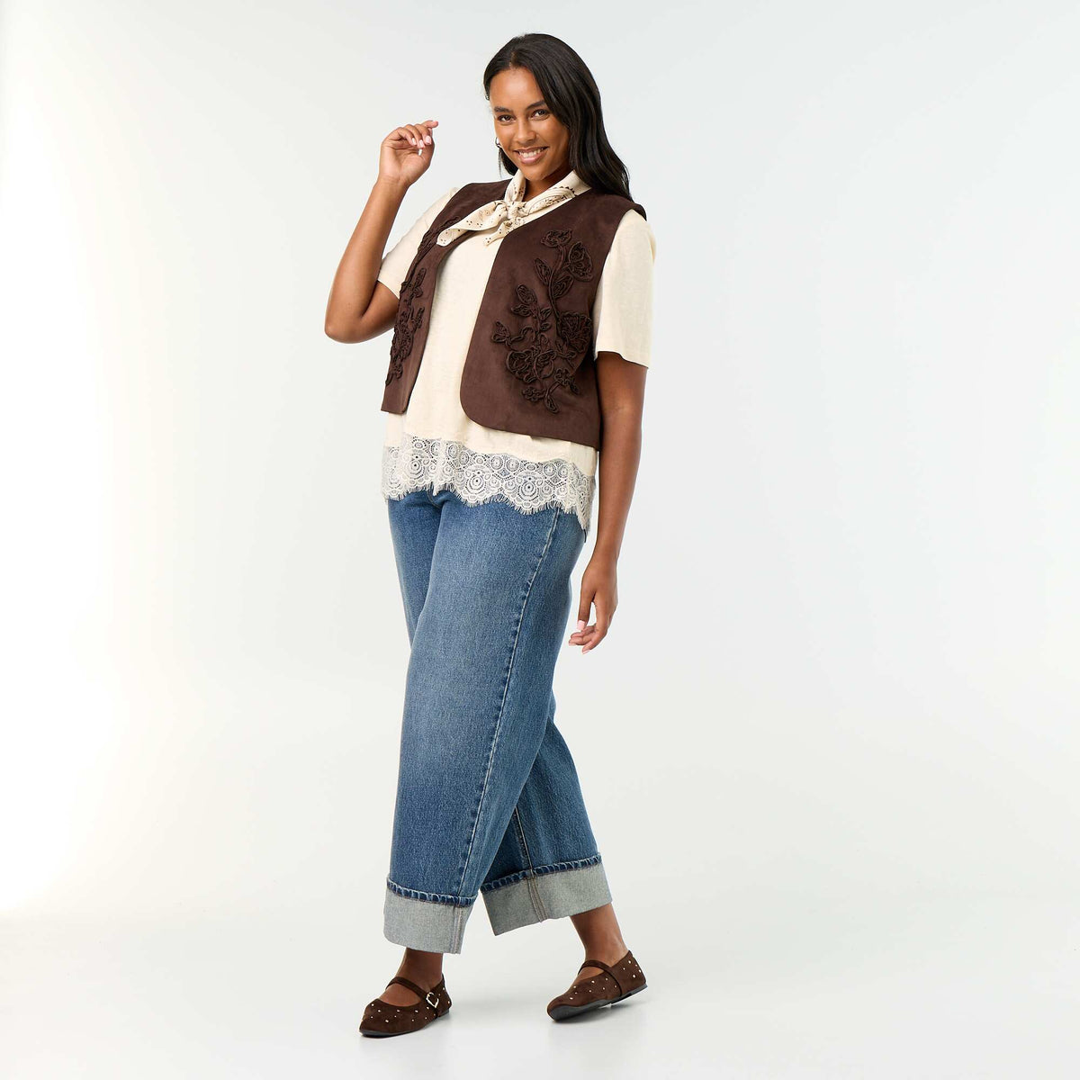 Marled Knit T-shirt with Lace Trim BEIGE