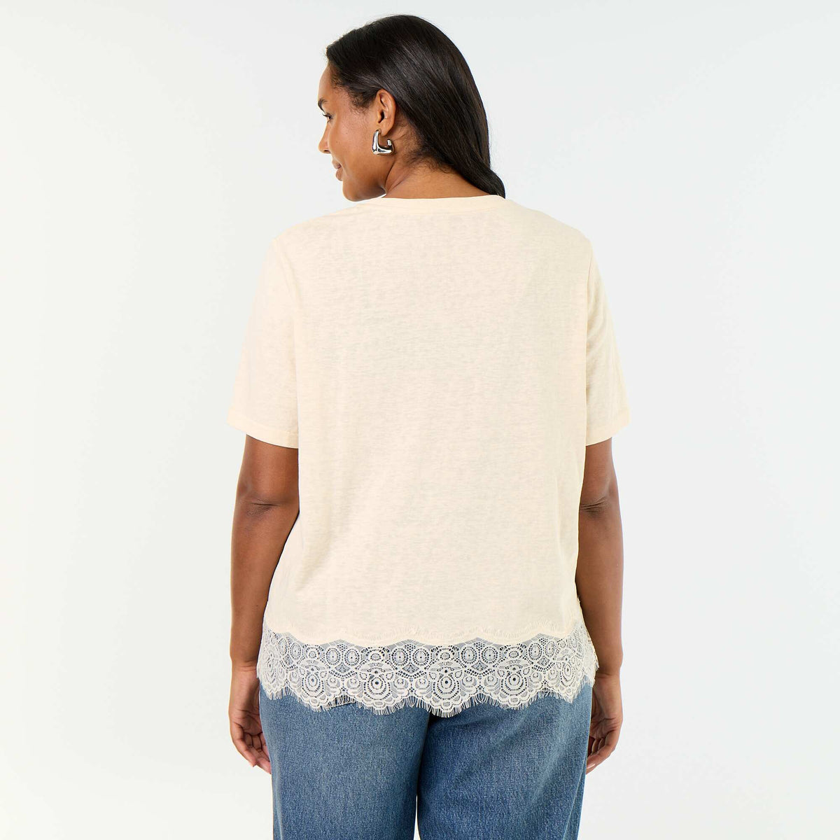Marled Knit T-shirt with Lace Trim BEIGE