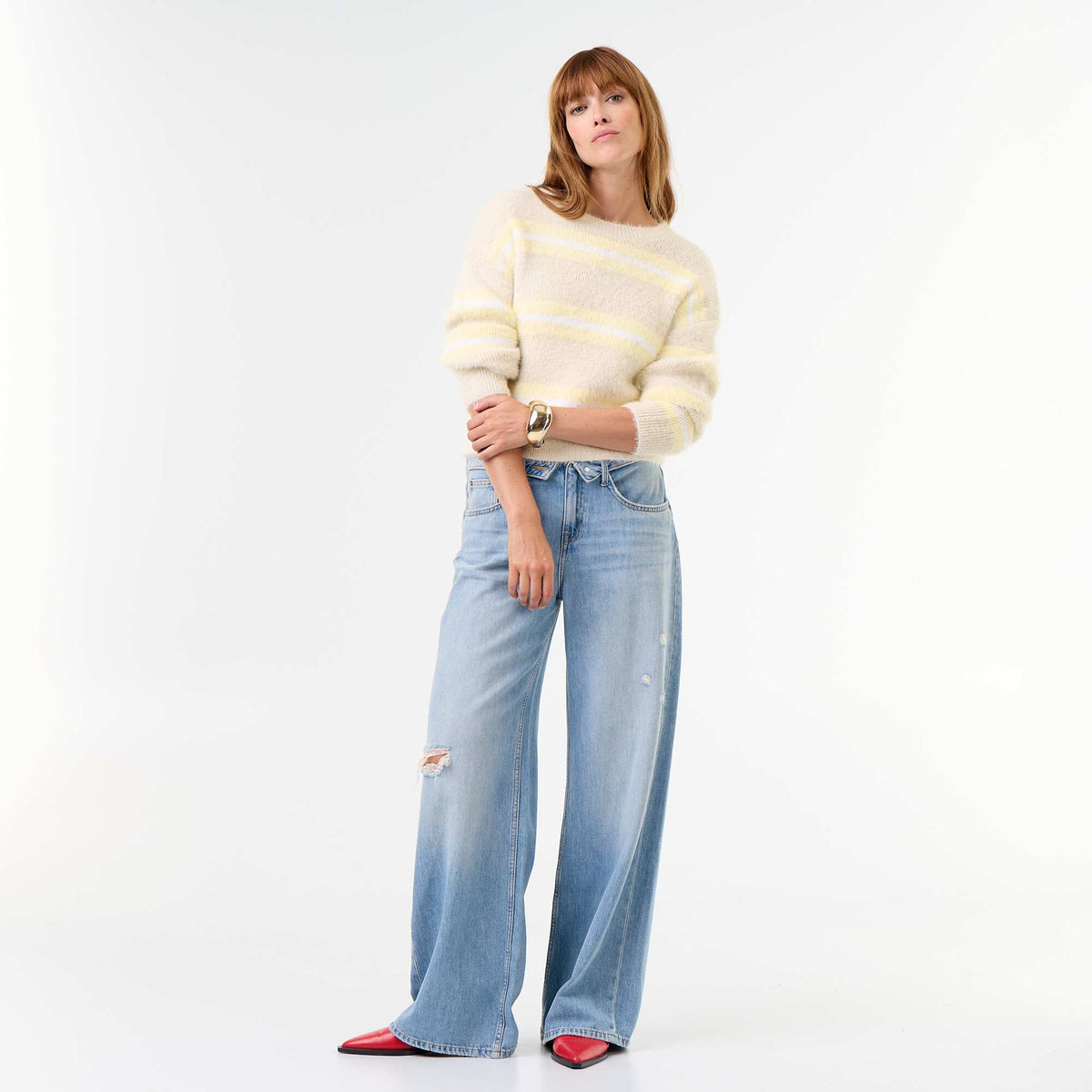 Fuzzy striped round-neck sweater BEIGE