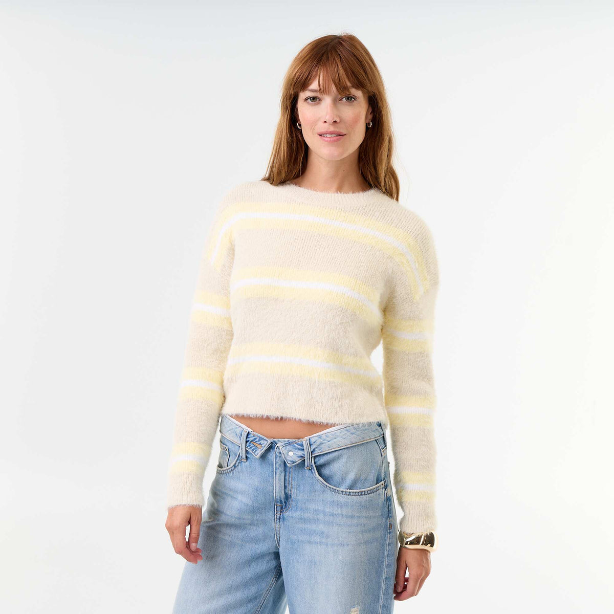 Fuzzy striped round-neck sweater BEIGE