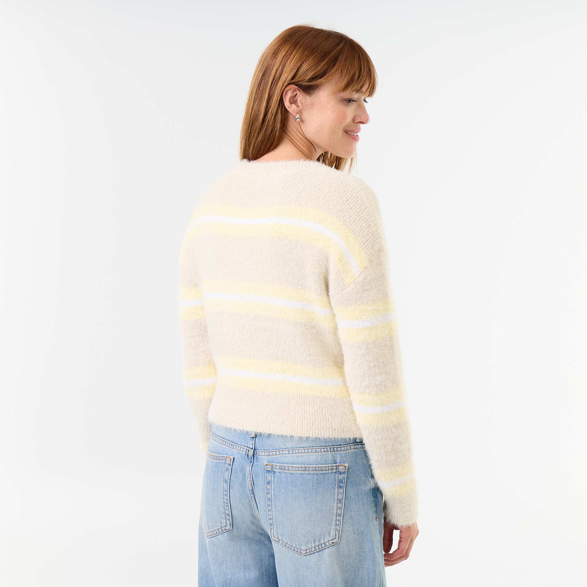 Fuzzy striped round-neck sweater BEIGE