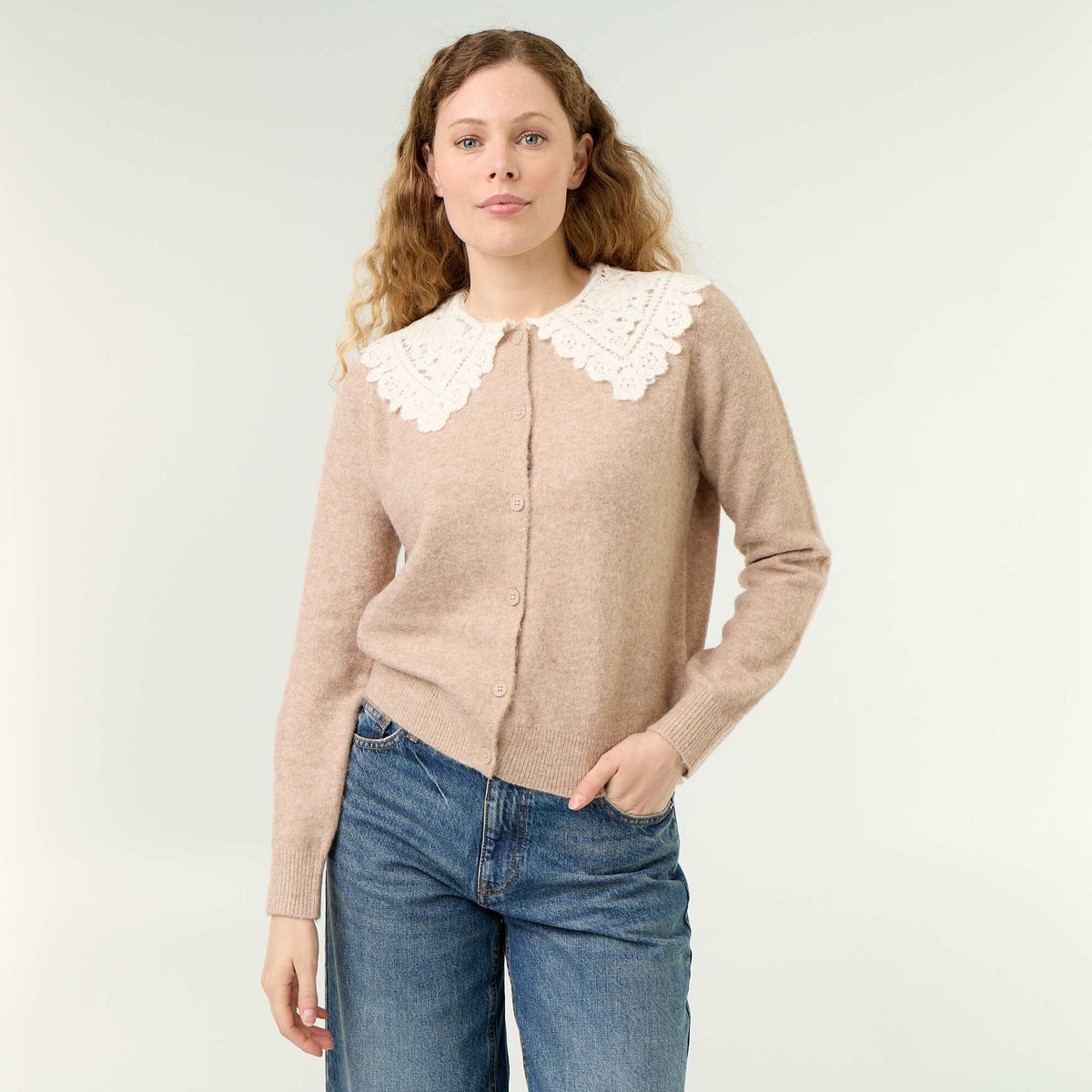 Buttoned Cardigan with Peter Pan Collar BEIGE