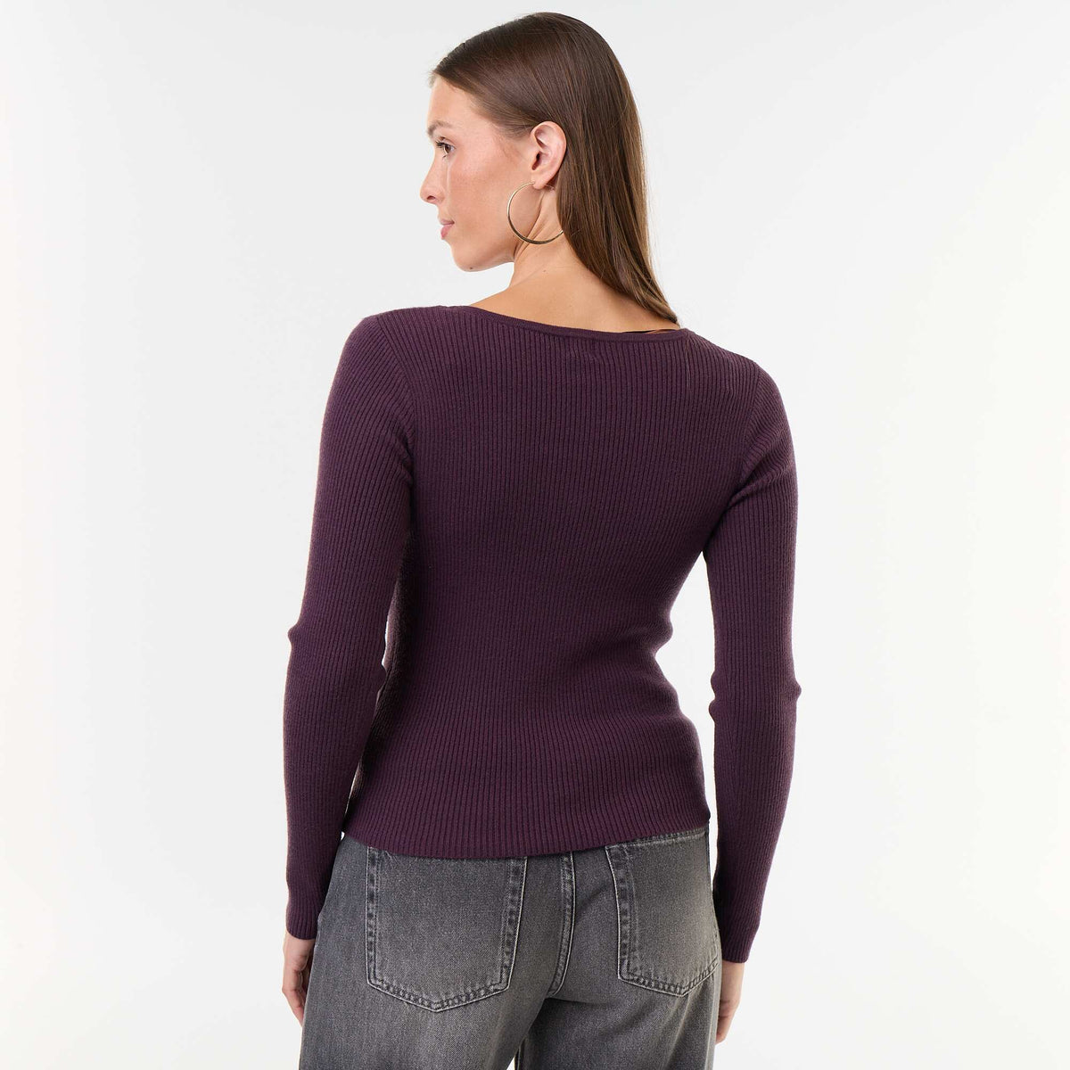 Ribbed V-neck sweater with lace PURPLE