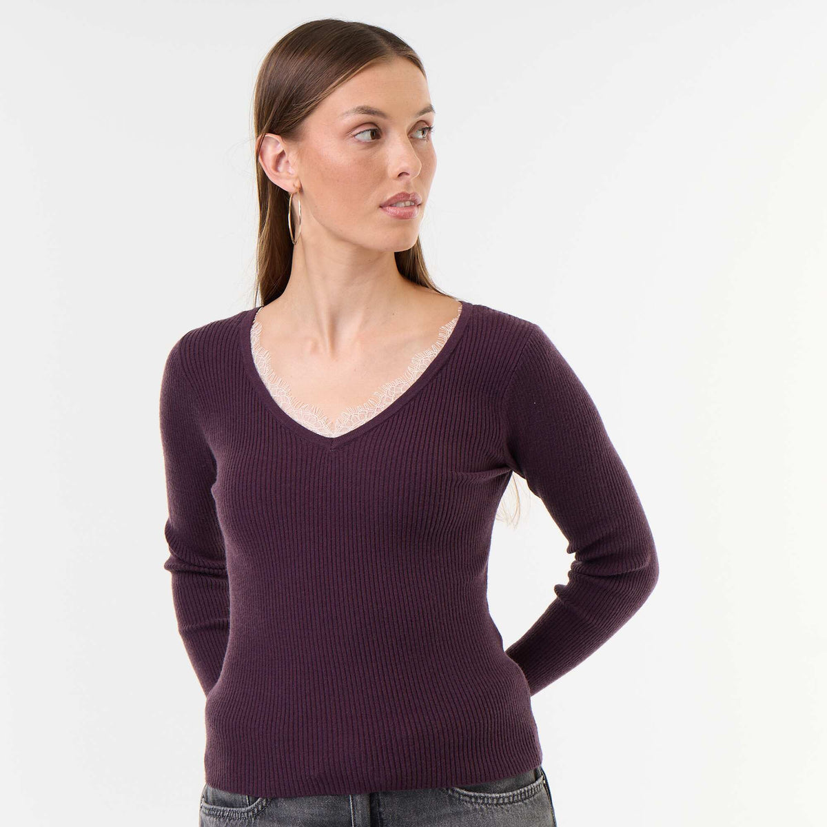 Ribbed V-neck sweater with lace PURPLE