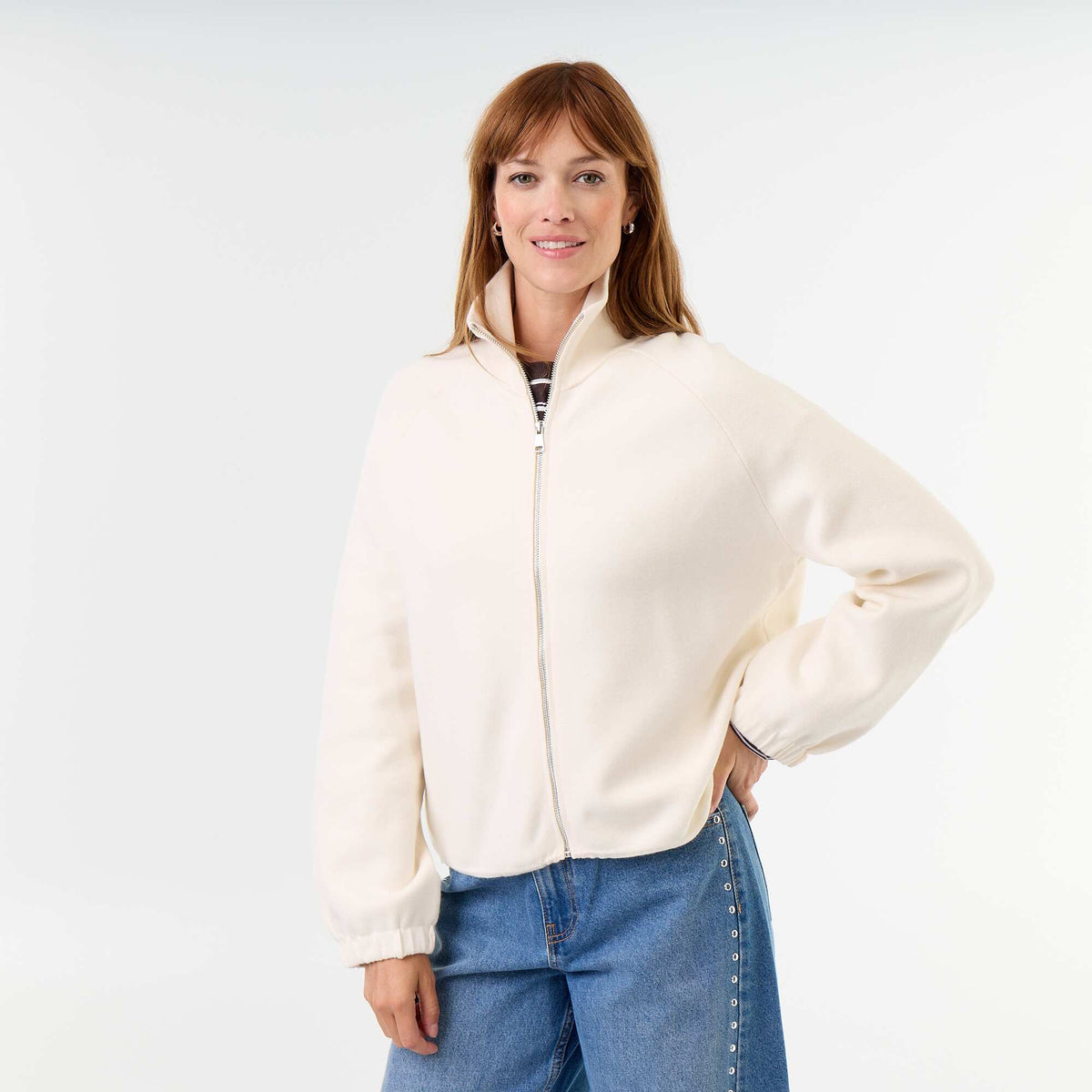 Zipped High-Neck Cardigan BEIGE
