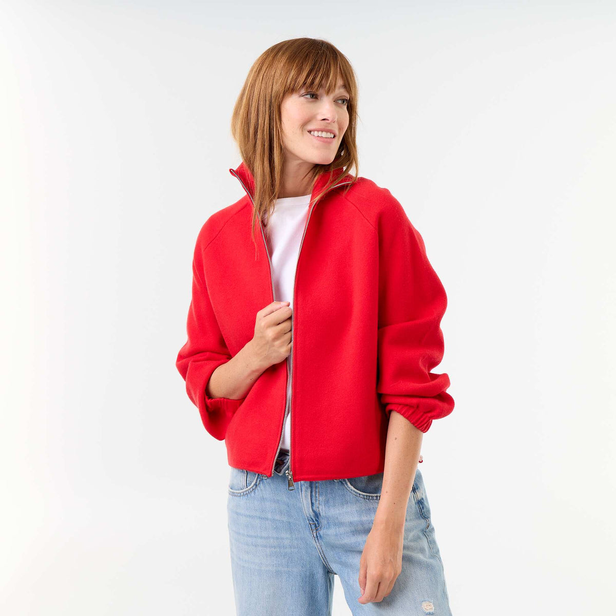 Zipped High-Neck Cardigan RED