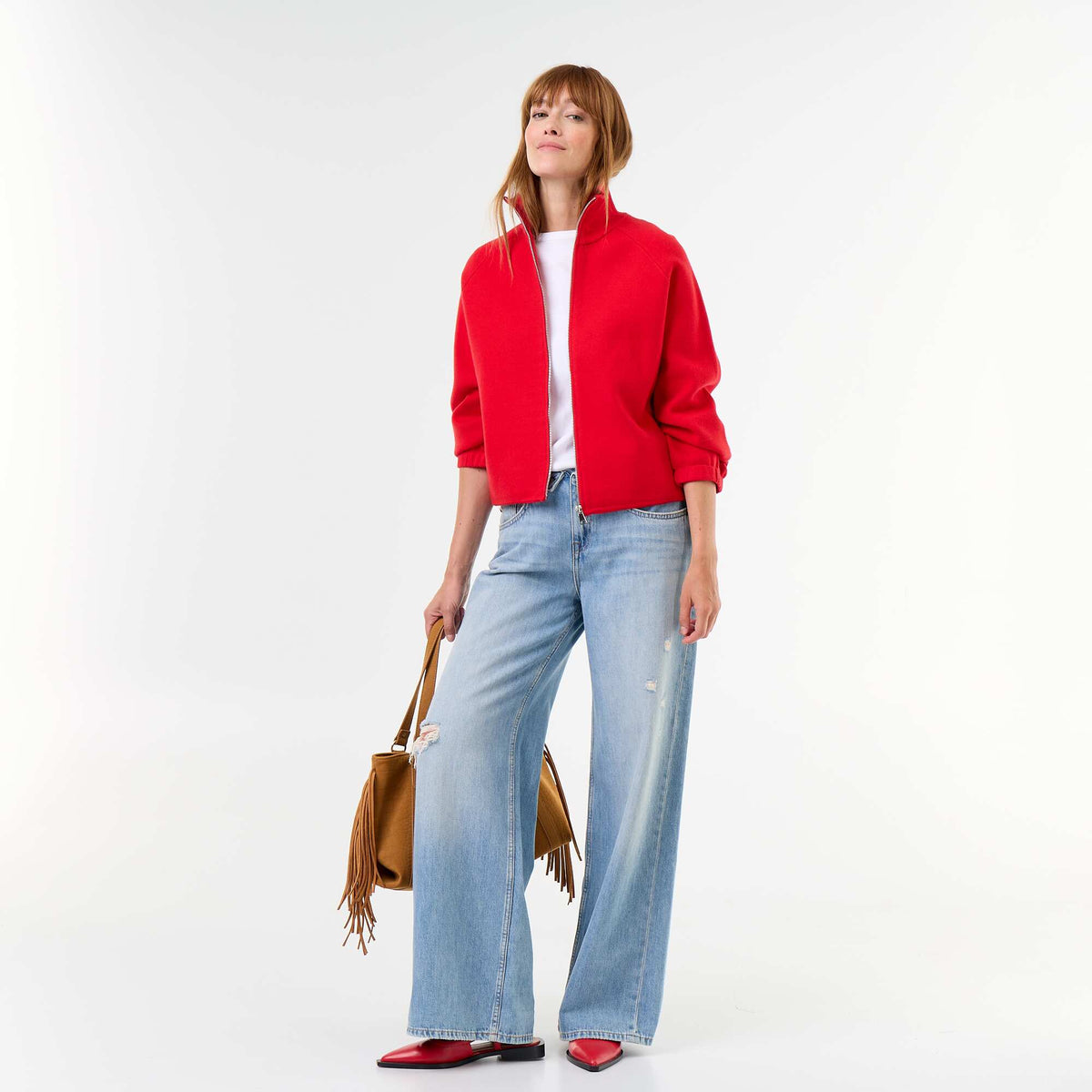 Zipped High-Neck Cardigan RED