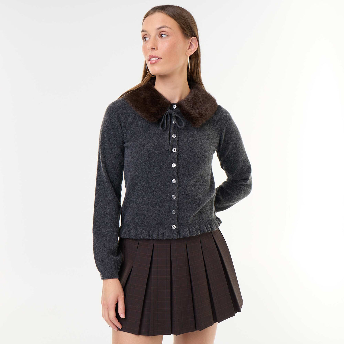Plain cardigan with faux fur collar GREY
