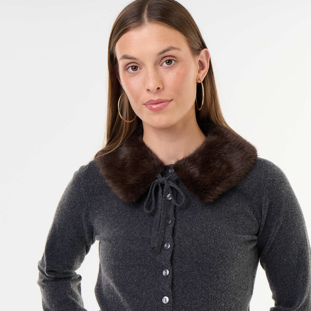 Plain cardigan with faux fur collar GREY
