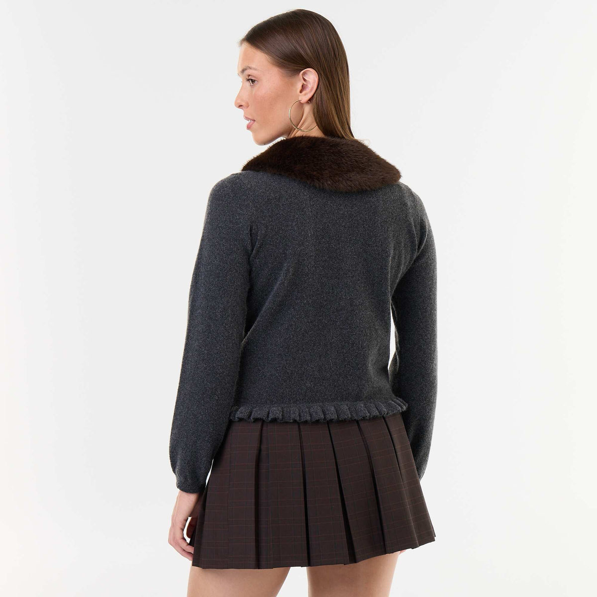 Plain cardigan with faux fur collar GREY