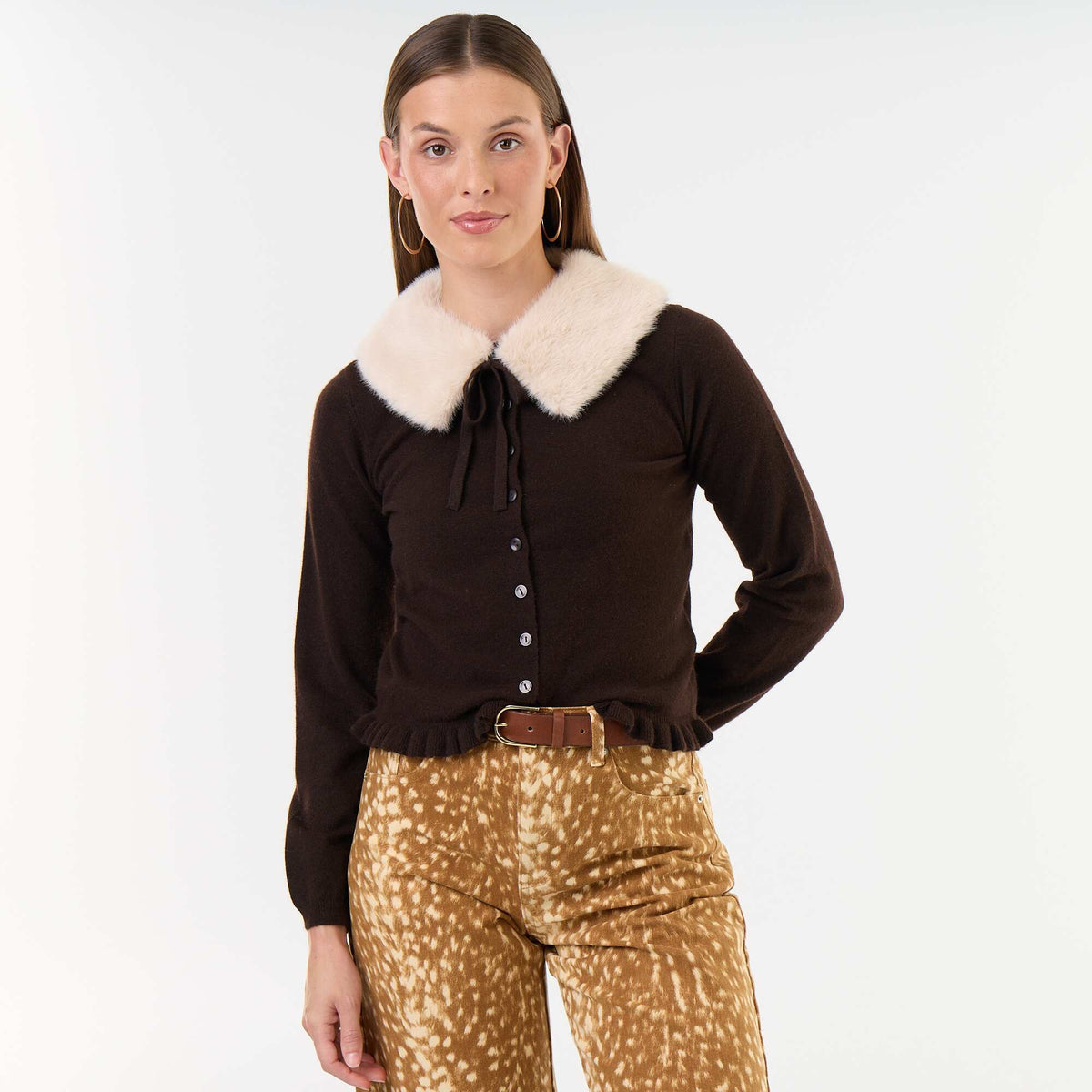 Plain cardigan with faux fur collar BROWN