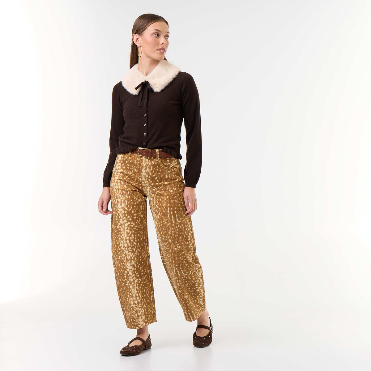 Plain cardigan with faux fur collar BROWN