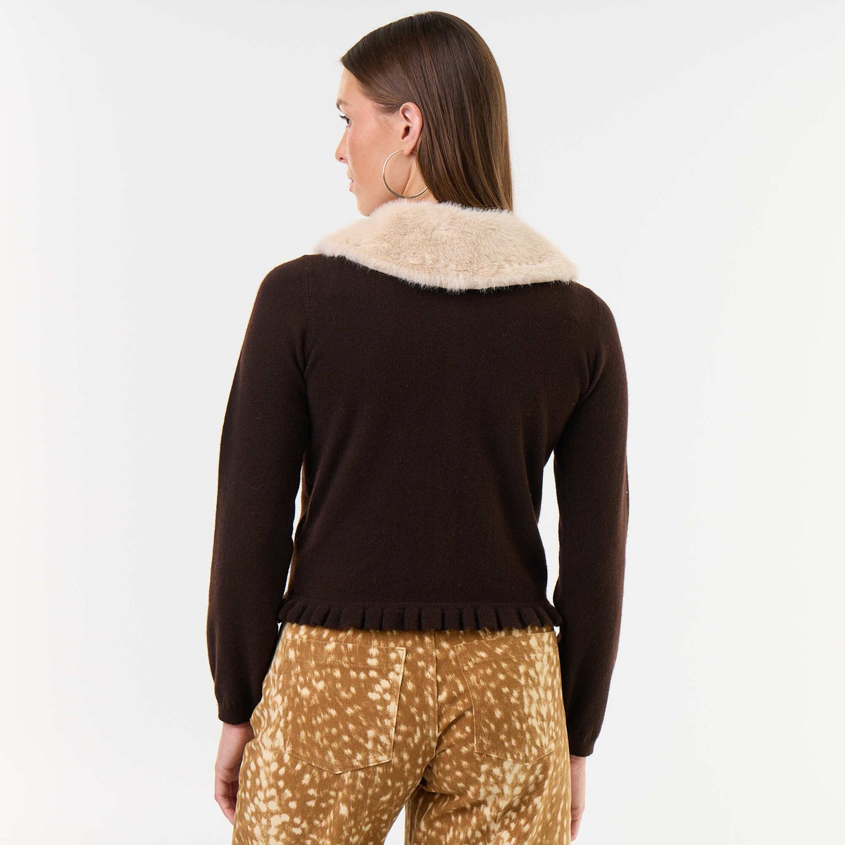 Plain cardigan with faux fur collar BROWN
