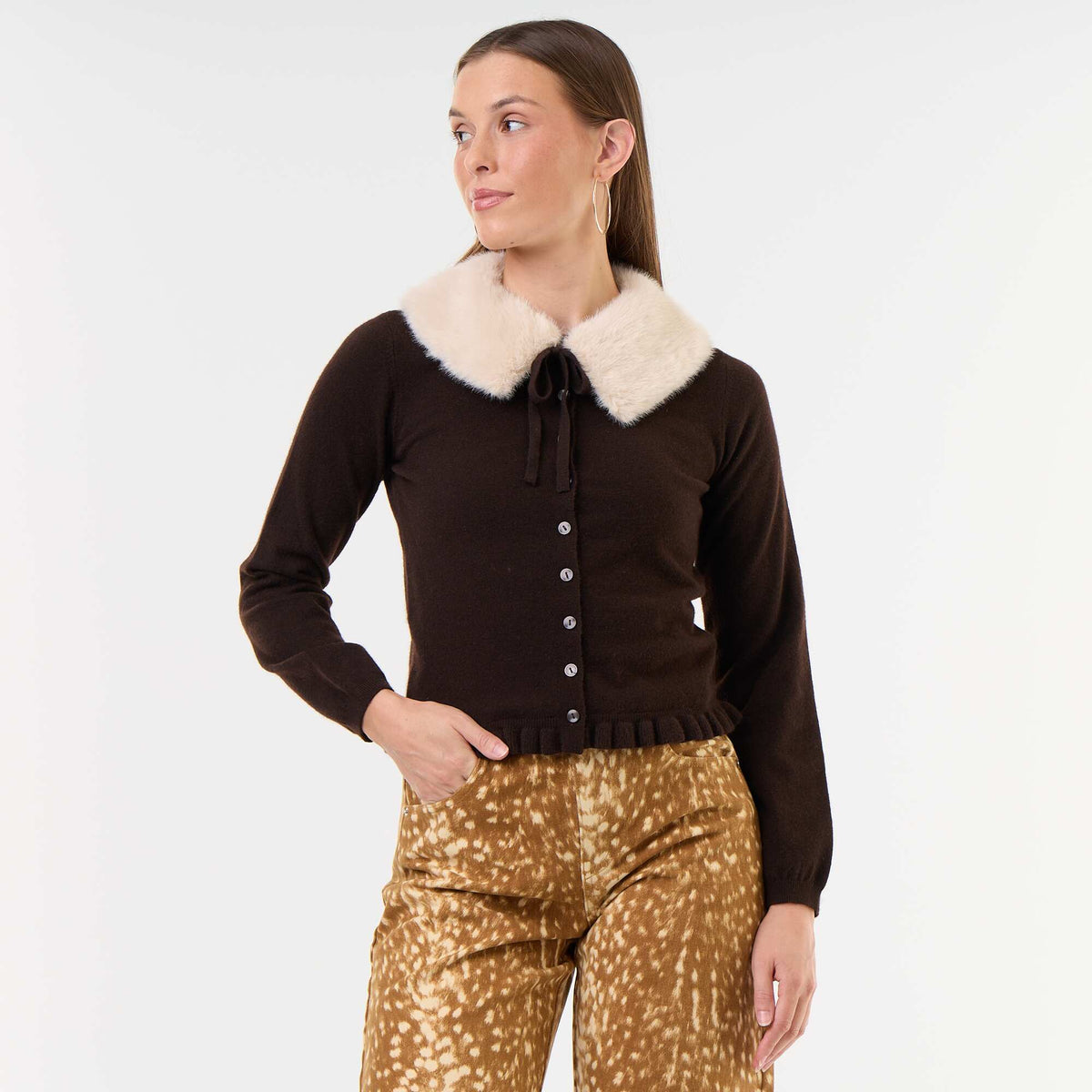 Plain cardigan with faux fur collar BROWN