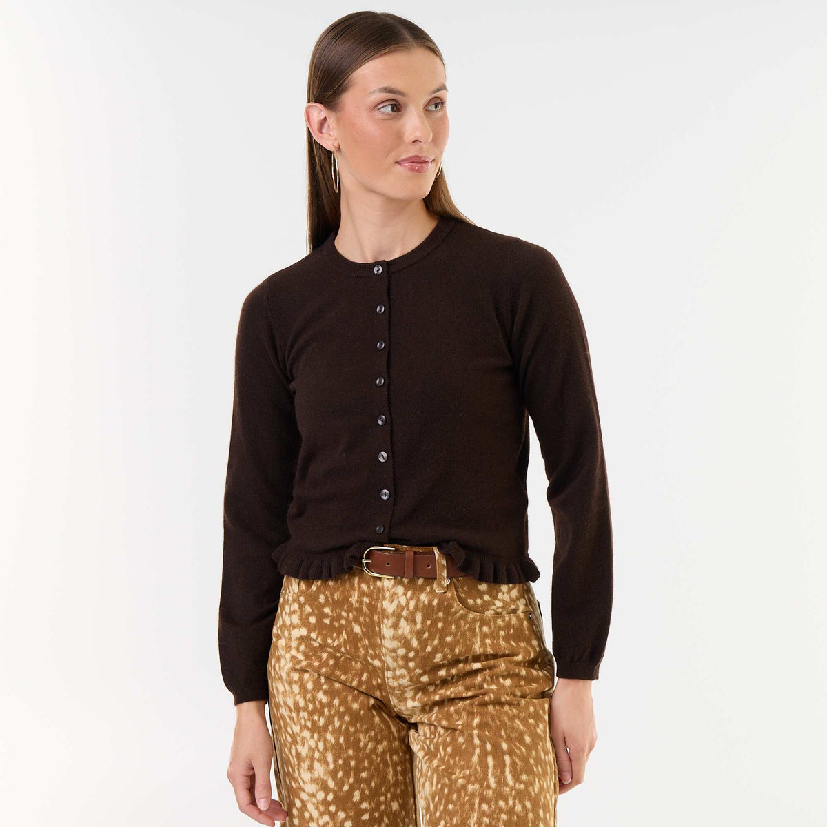 Plain cardigan with faux fur collar BROWN