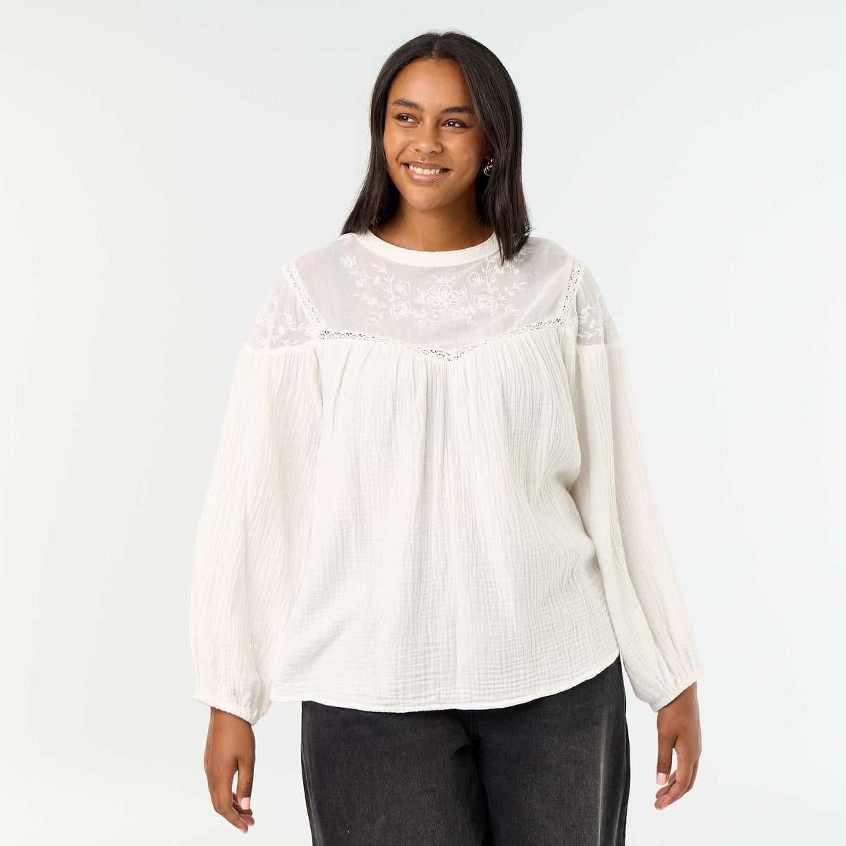 Solid cotton gauze and lace blouse WHITE