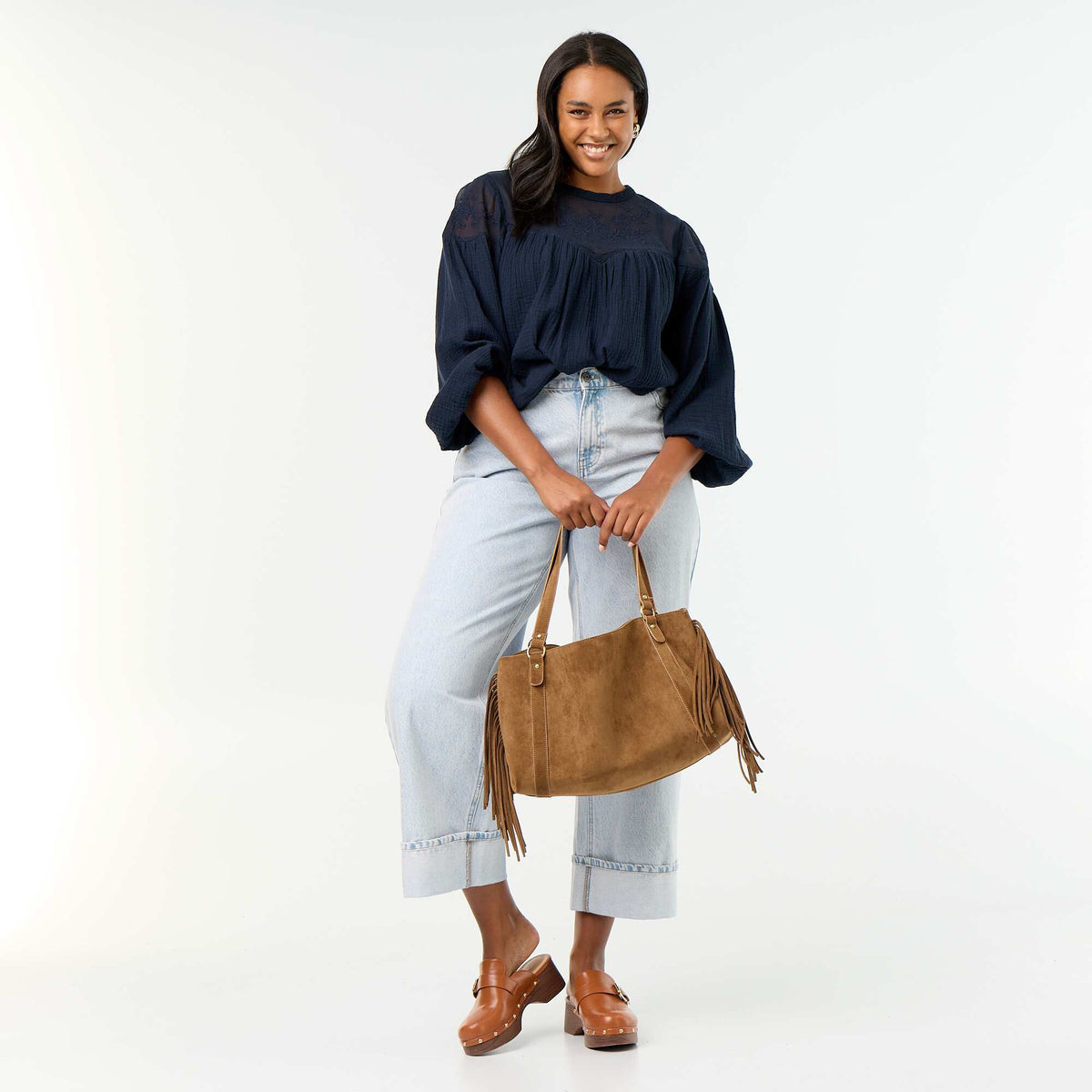 Solid cotton gauze and lace blouse BLUE