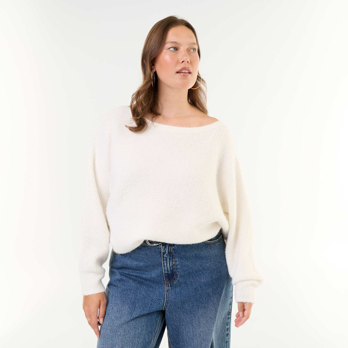 Solid Boat Neck Sweater with Dropped Armholes WHITE