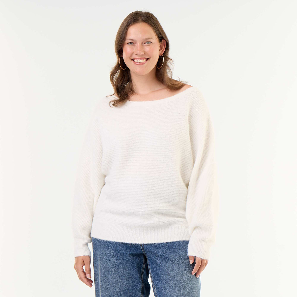 Solid Boat Neck Sweater with Dropped Armholes WHITE