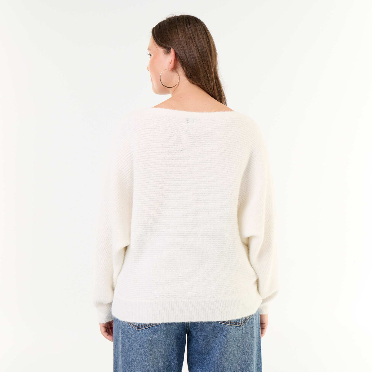 Solid Boat Neck Sweater with Dropped Armholes WHITE