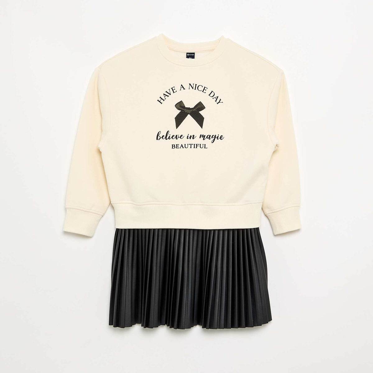 2-in-1 Sweatshirt Dress with Pleated Skirt ECRU