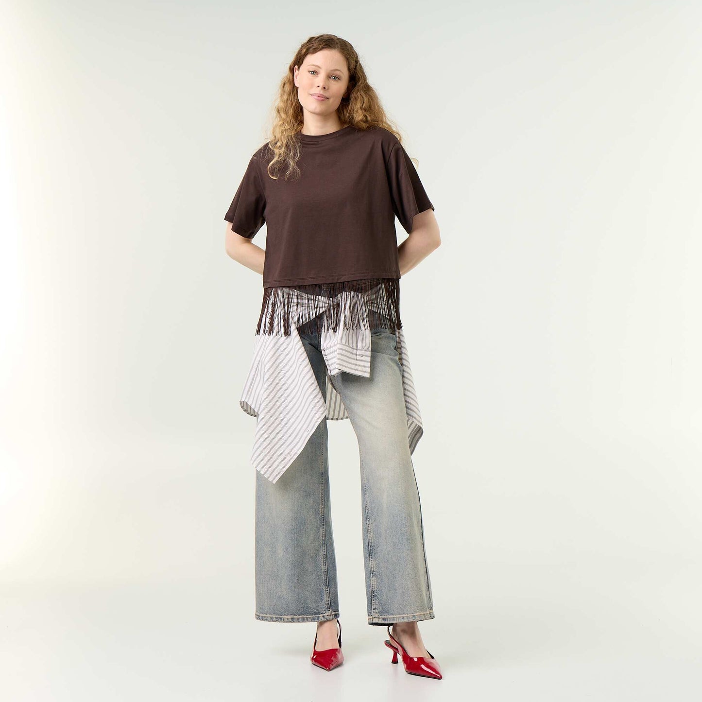 Fringed Basic T-shirt BROWN