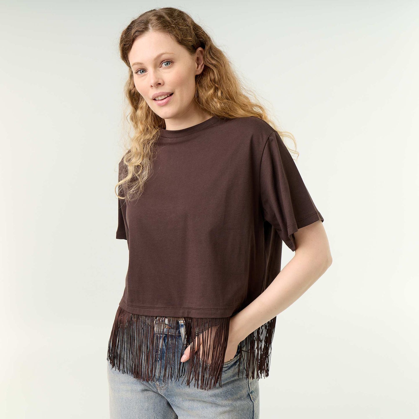 Fringed Basic T-shirt BROWN