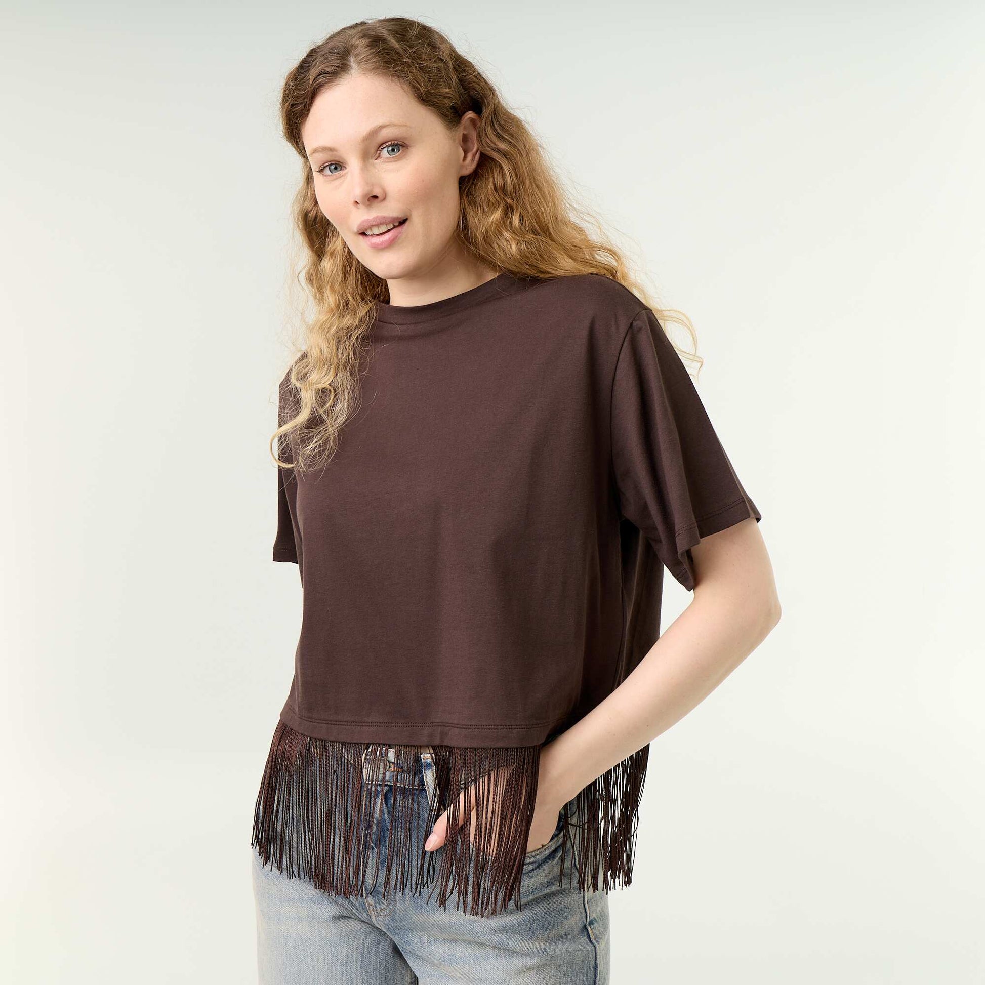 Fringed Basic T-shirt BROWN