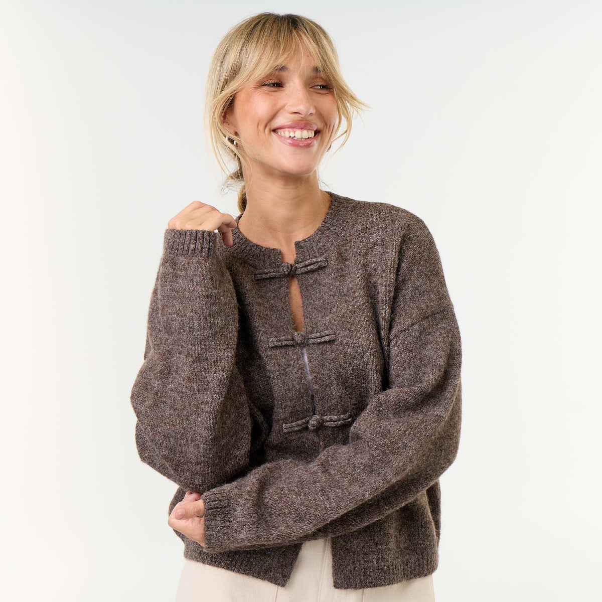Mandarin Button-Front Long-Sleeved Cardigan TAUPE