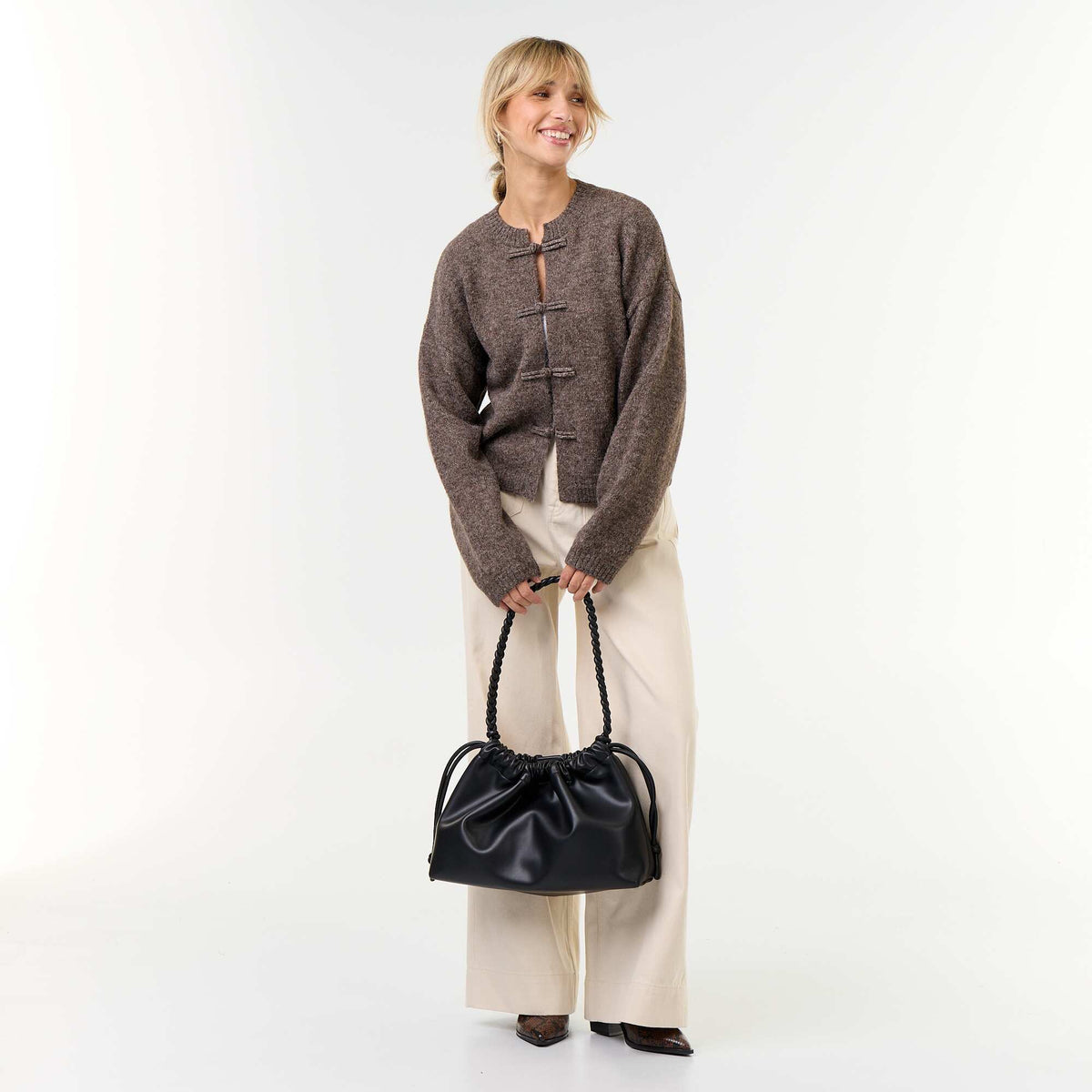 Mandarin Button-Front Long-Sleeved Cardigan TAUPE