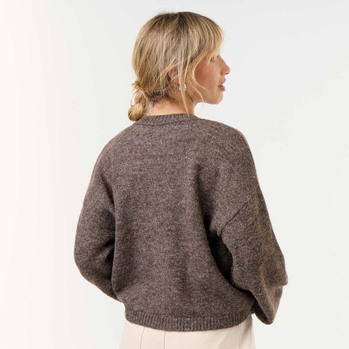 Mandarin Button-Front Long-Sleeved Cardigan TAUPE