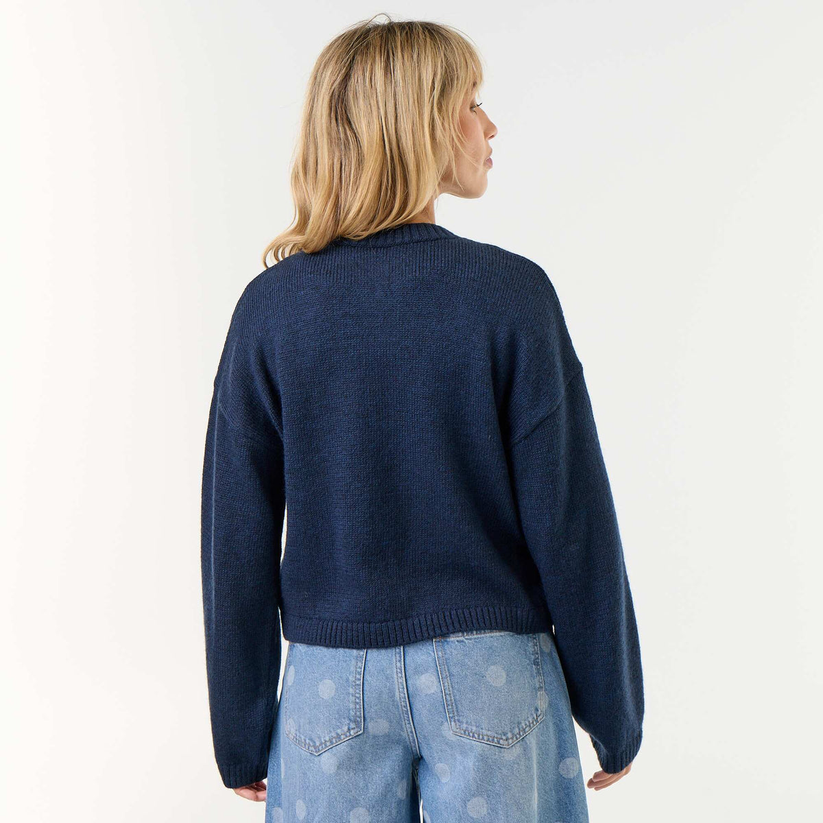Mandarin Button-Front Long-Sleeved Cardigan BLUE
