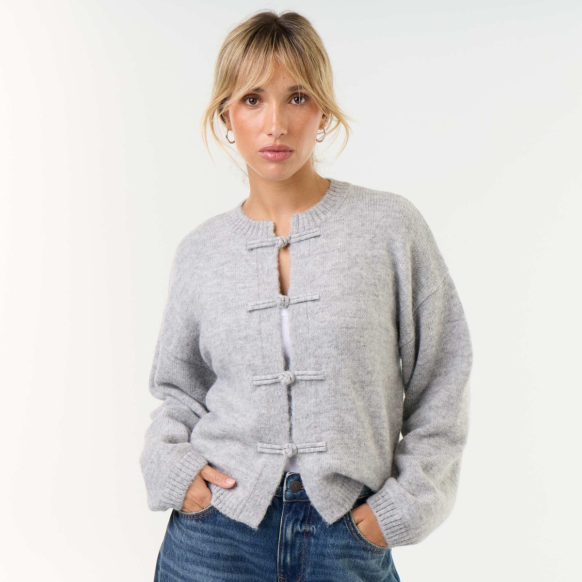 Mandarin Button-Front Long-Sleeved Cardigan GREY