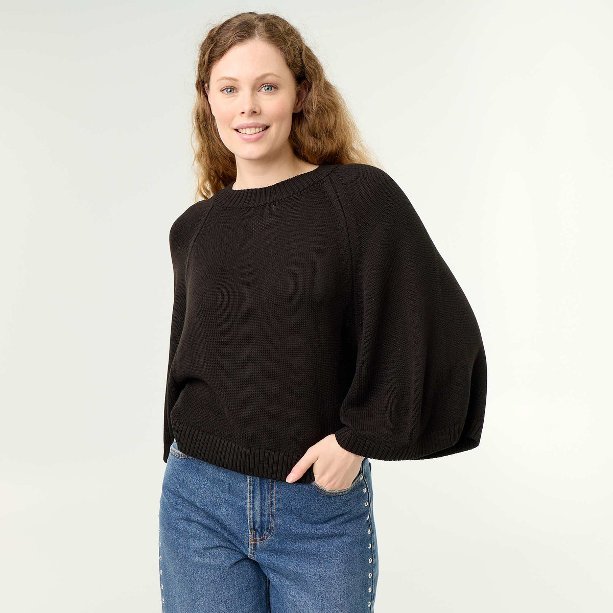 Oversize knit sweater with dropped armholes BLACK