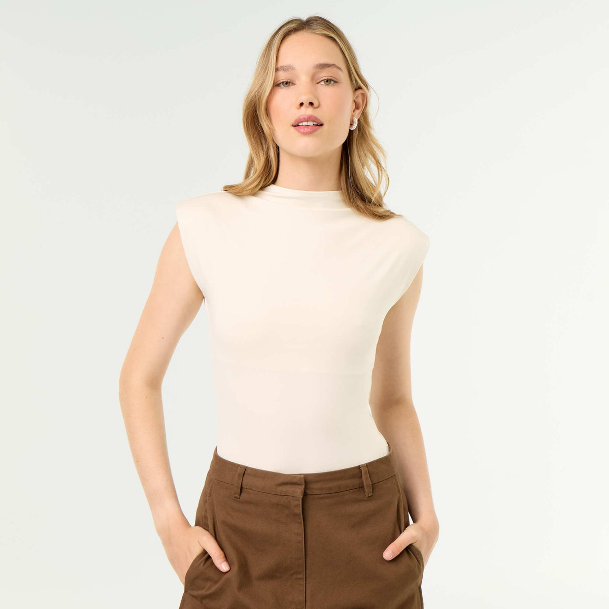 Bodysuit with Shoulder Pads BEIGE