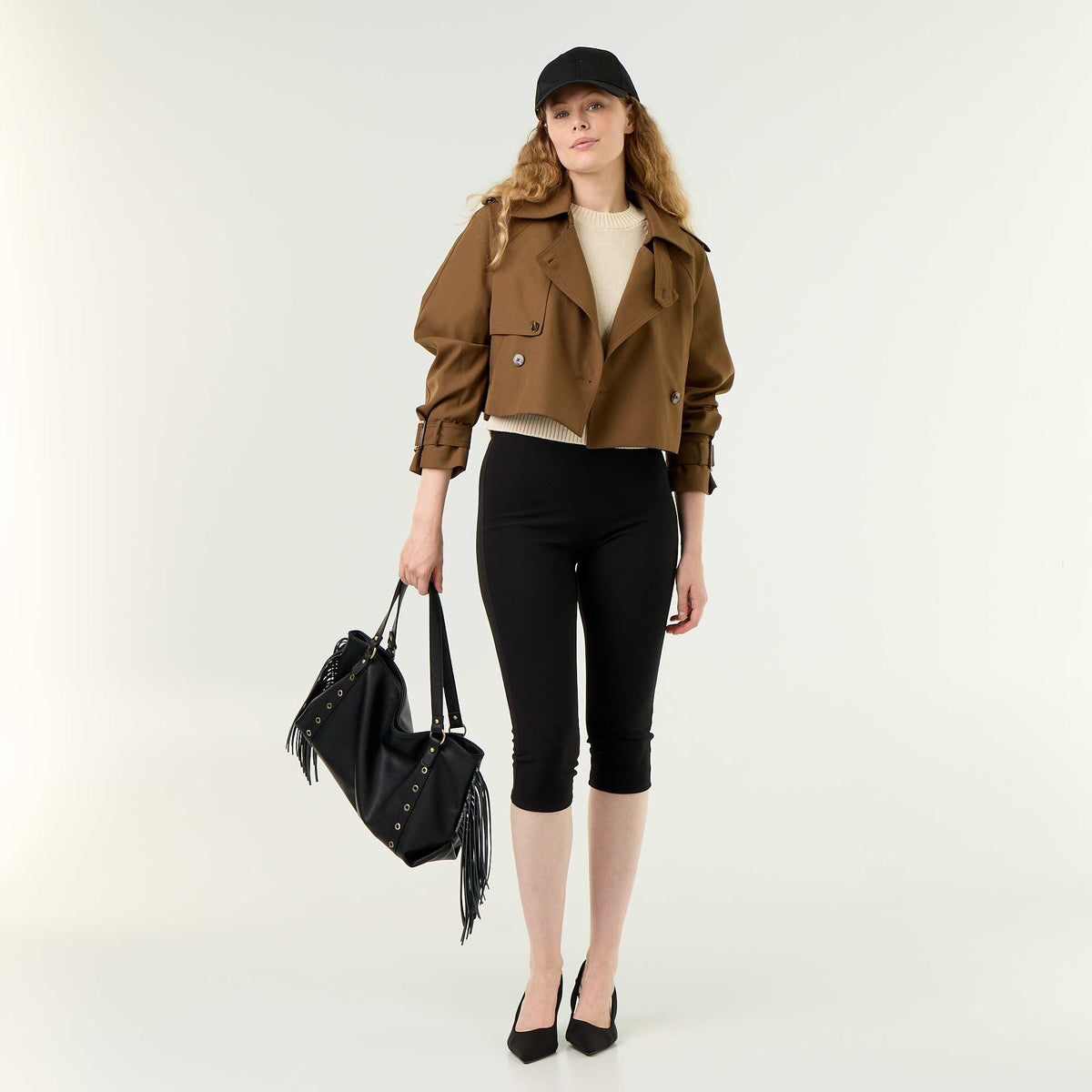 Stretch Knit Cropped Trousers BLACK