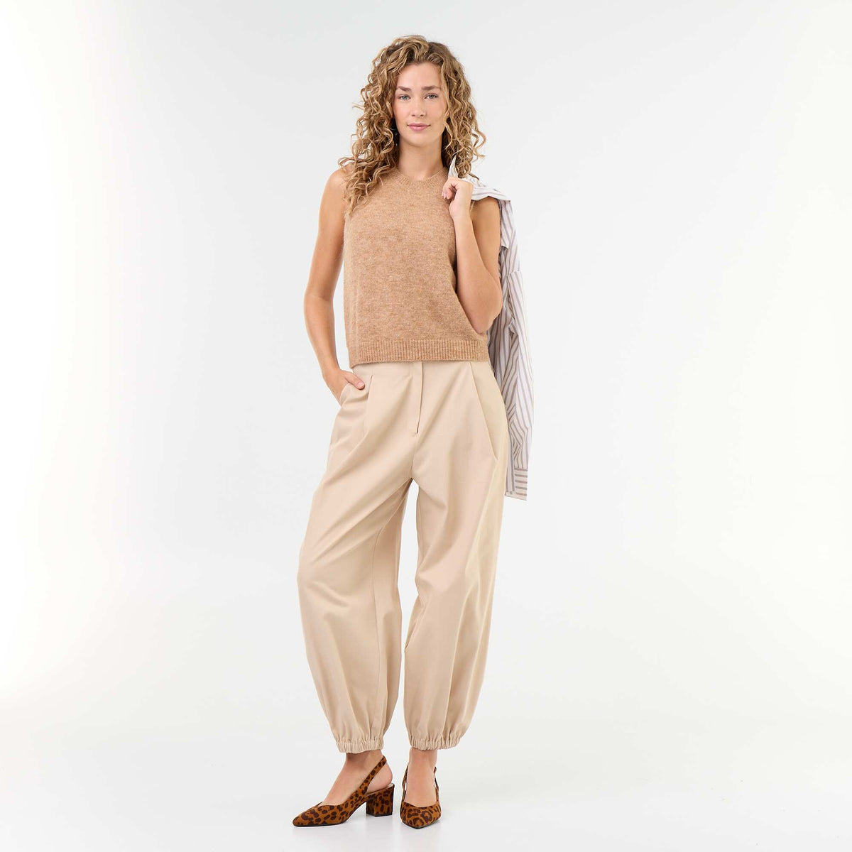 Statement Wide-Leg Trousers with Elasticated Cuffs BEIGE